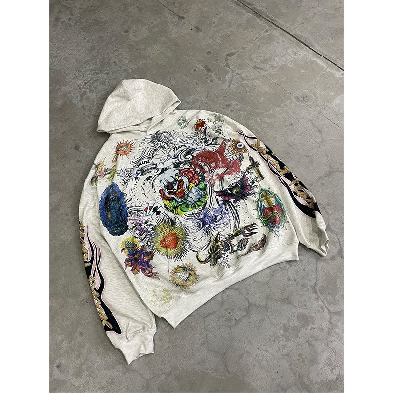 Wholesale High Quality Heavyweight Custom LOGO Full Print Cotton Oversized Streetwear Vintage Washed Men's Hoodies&Sweatshirts