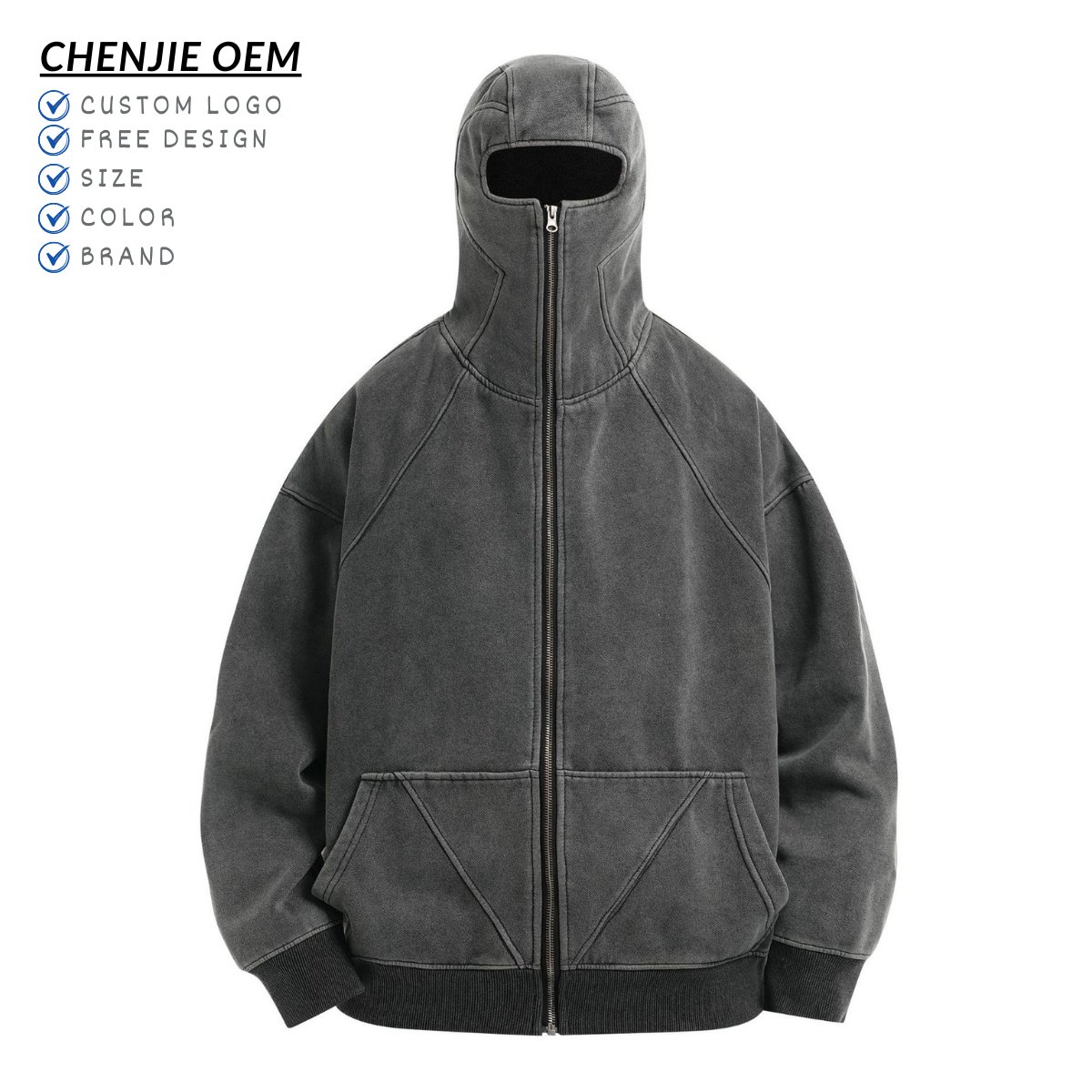 High Quality Men's 100% Cotton 350gsm French Terry Ninja Zipper Hoodie Custom Zip Up Hoodies Oversized Sweatshirt