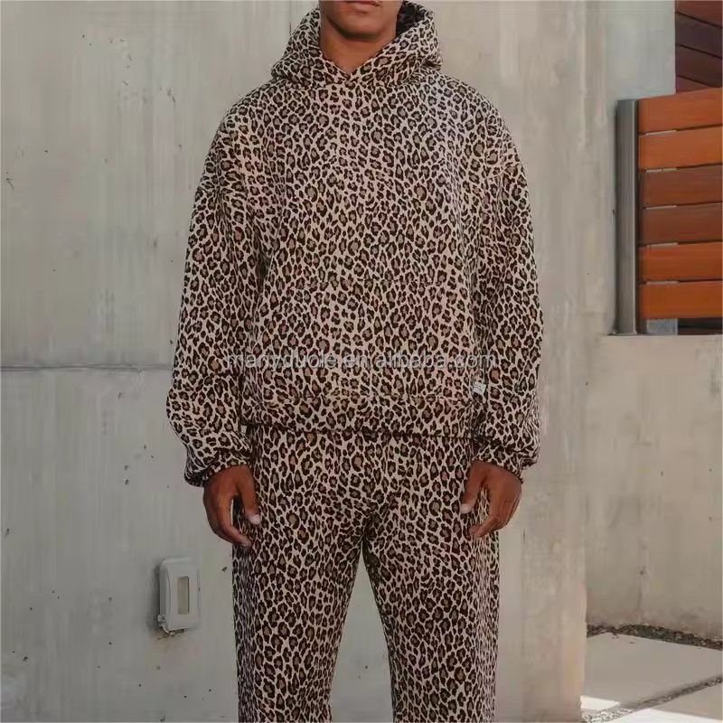 High quality customization Leopard Print Hooded Cheetah Print heavyweight 100 cotton cut men's hoodie