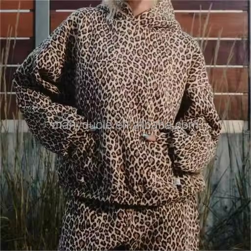 High quality customization Leopard Print Hooded Cheetah Print heavyweight 100 cotton cut men's hoodie