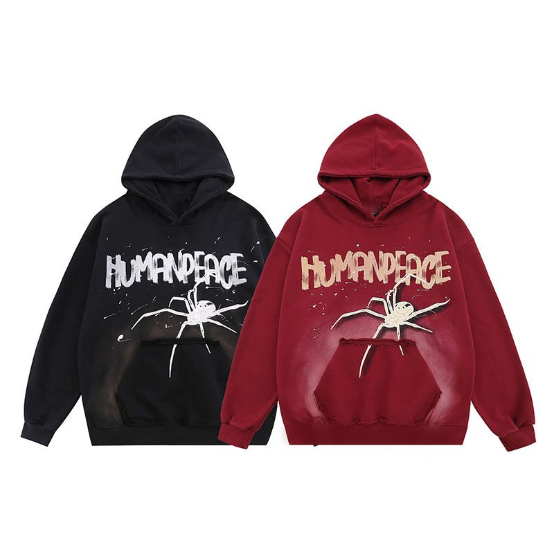 Oem Custom Hip Hop Oversize Personalized Spider Graffiti Print Hoodie Street Style Loose Oversized Men'S Hoodie