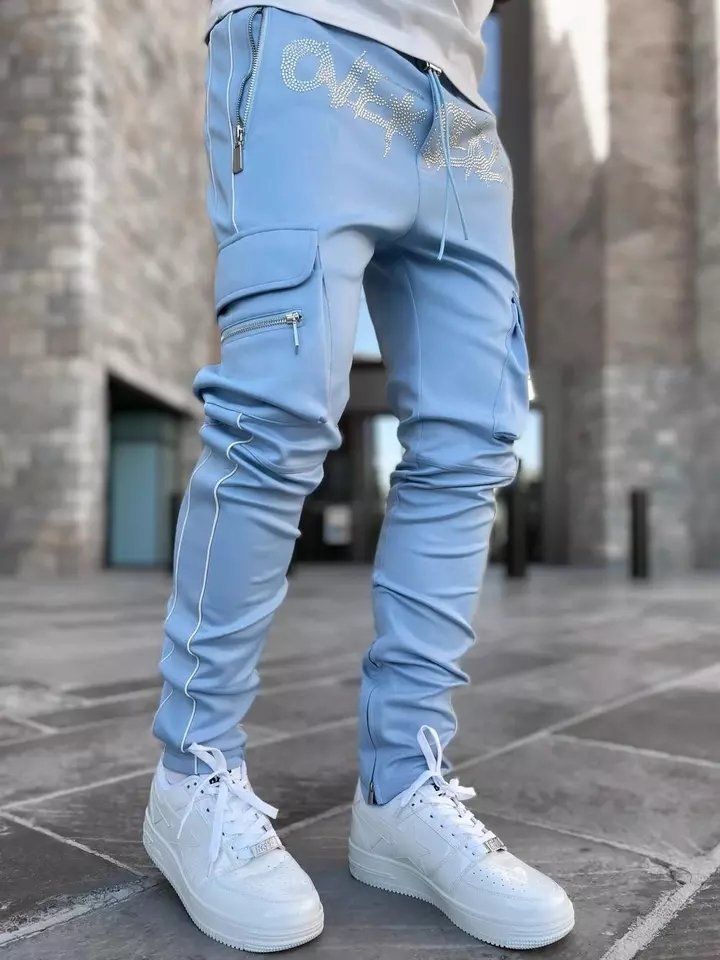 Lanwo Trendy Rhinestone Men's Pants Sweatpants Solid Color Jogger Custom Street Wear Reflective Running Training Jogging Pants