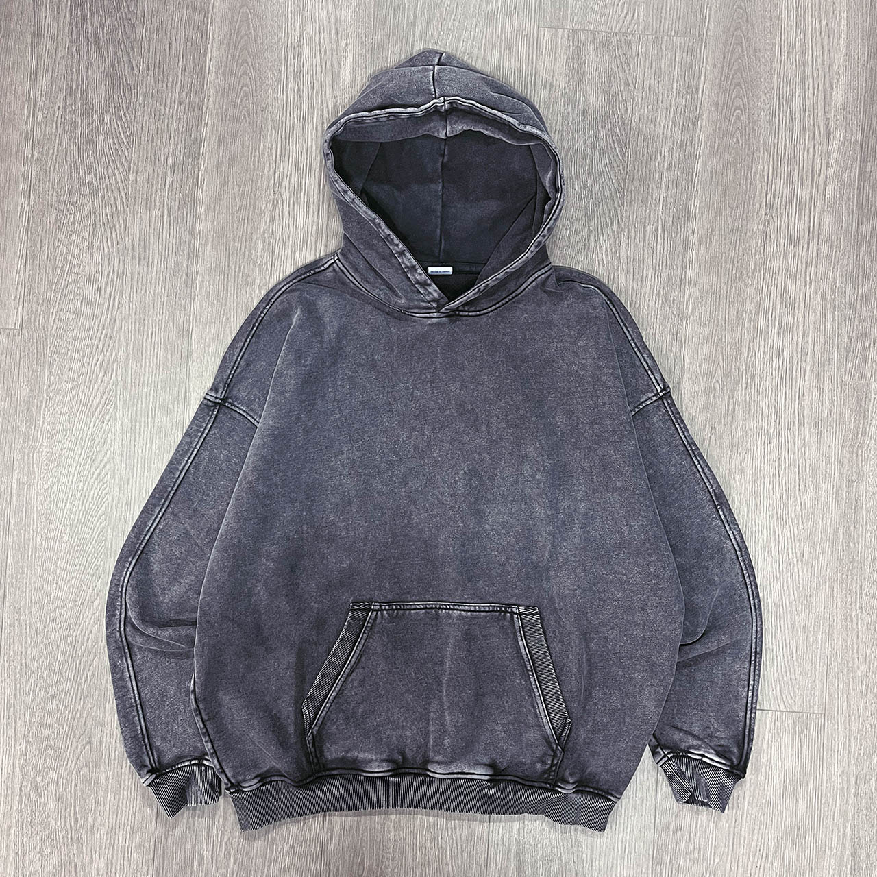 Custom men hoodies logo mens dropped shoulder heavyweight grey acid wash hoodie 470 gsm wash hoody