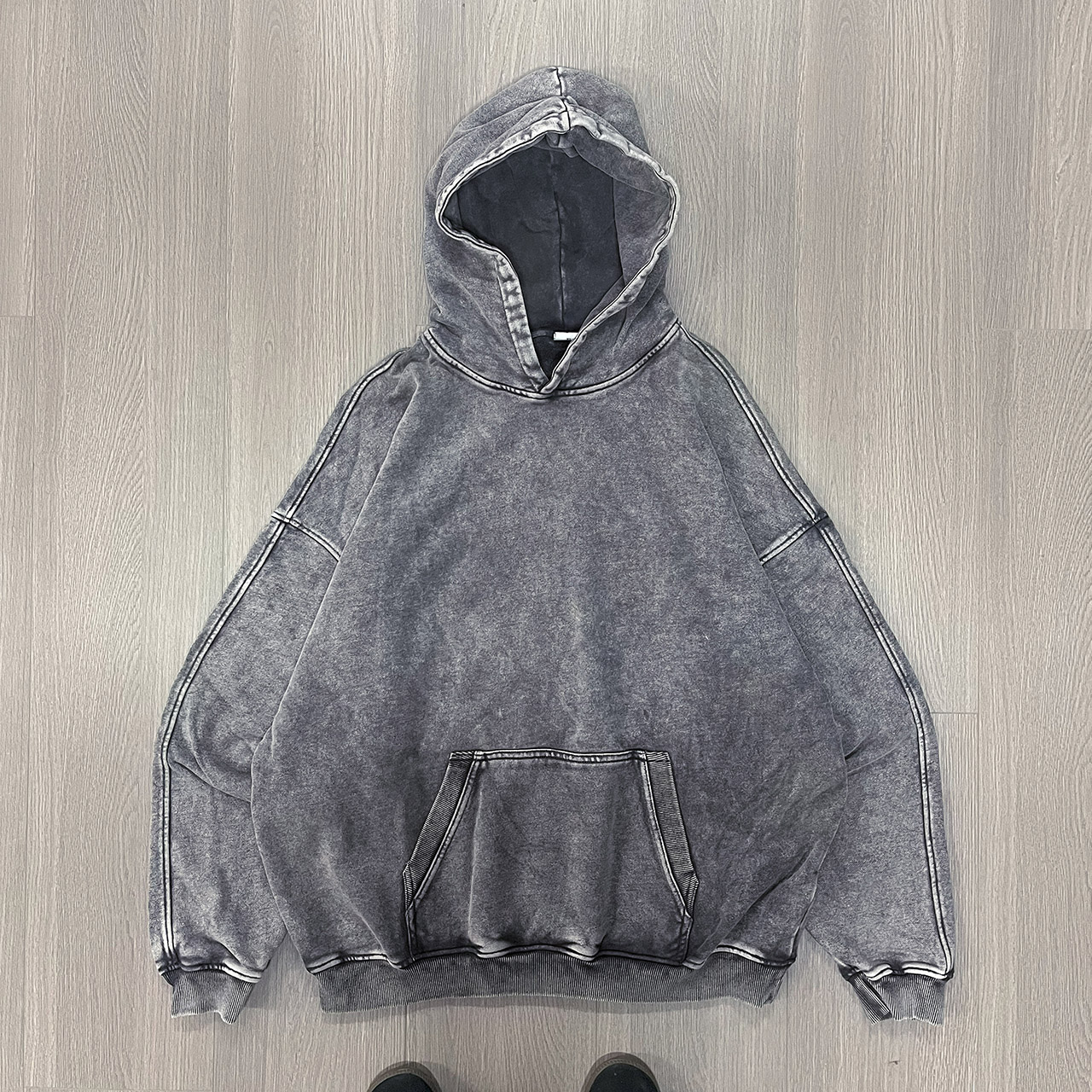 Custom men hoodies logo mens dropped shoulder heavyweight grey acid wash hoodie 470 gsm wash hoody