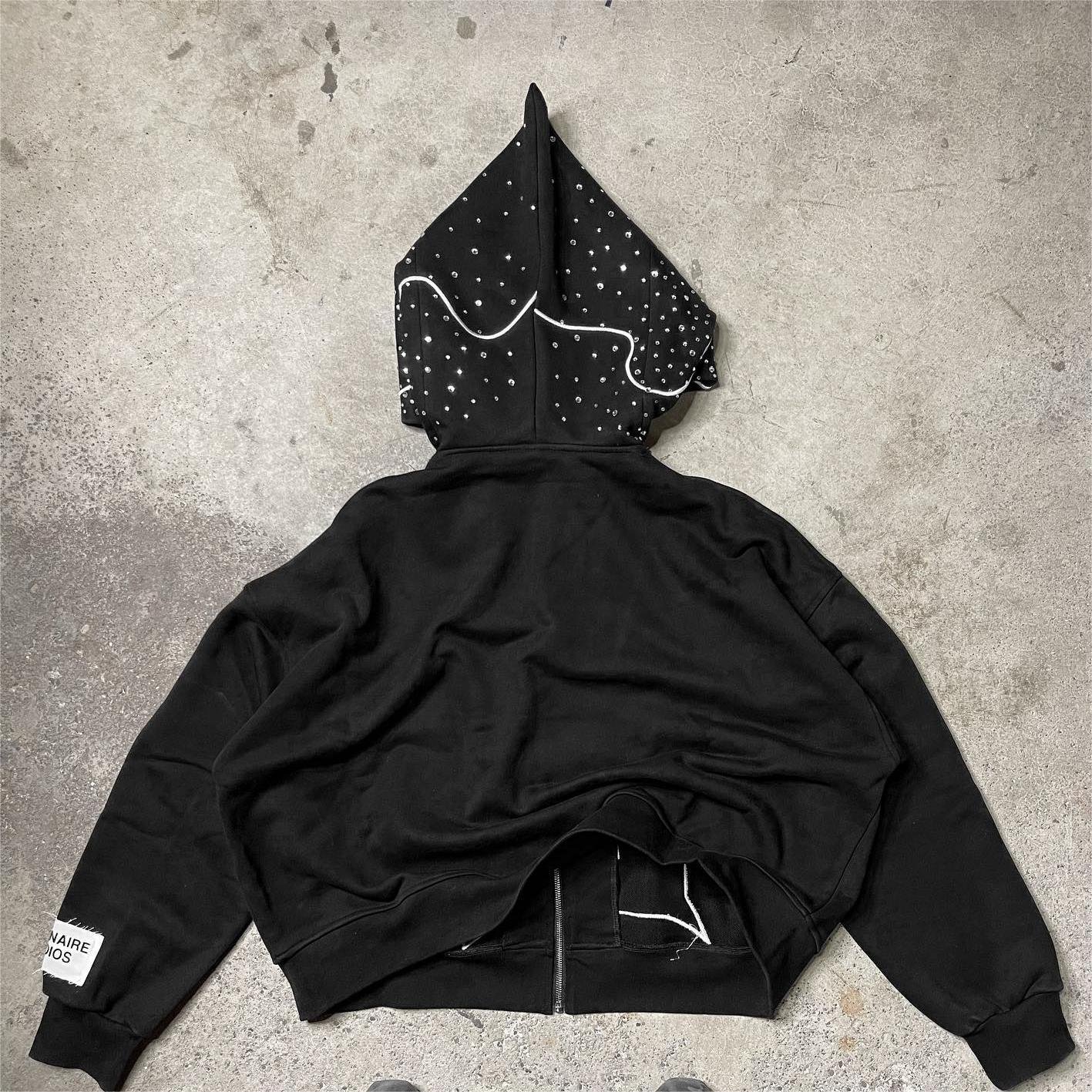Custom men's hoodies & sweatshirts French Terry 100% Cotton High quality Zip Up Hoodie 3D Embroidery rhinestone hoodie