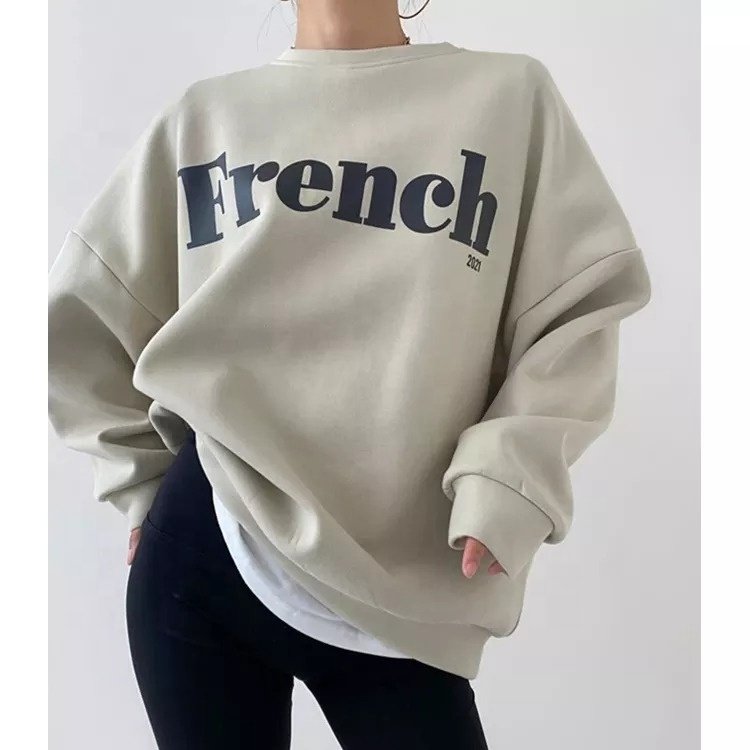 2023 latest stylish streetwear workout letter print custom color crewneck sweatshirt casual loose long sleeve tops for women