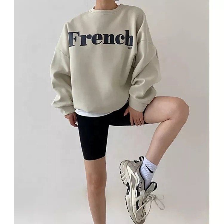 2023 latest stylish streetwear workout letter print custom color crewneck sweatshirt casual loose long sleeve tops for women