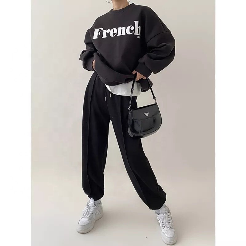 2023 latest stylish streetwear workout letter print custom color crewneck sweatshirt casual loose long sleeve tops for women