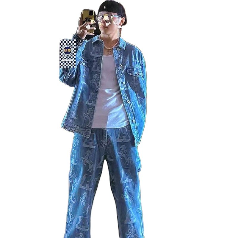 Fashion Hot Selling Men's Denim Suit Custom Fitness Two Piece Set Men's Bicycle Denim