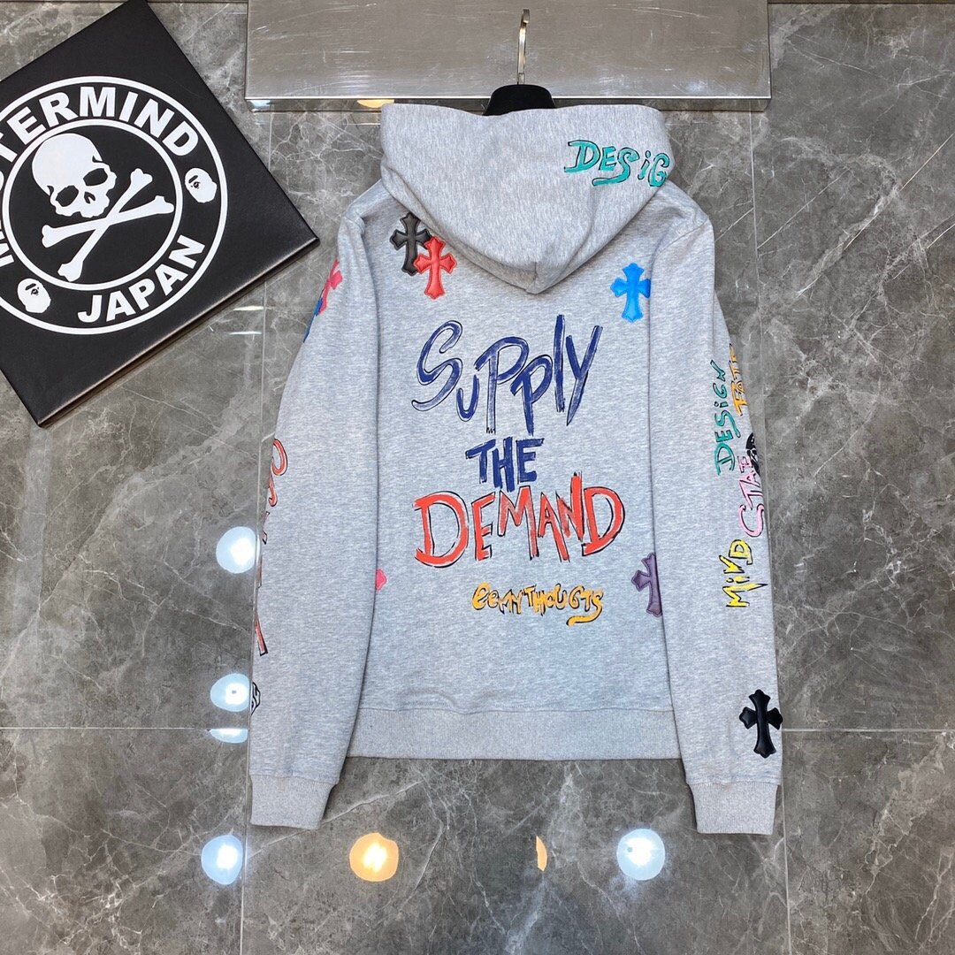 2024 Classic Hearts Chrome Correct Edition Colourful Cross Patchwork Leather Sanskrit Hand Painted Graffiti Sweatshirt