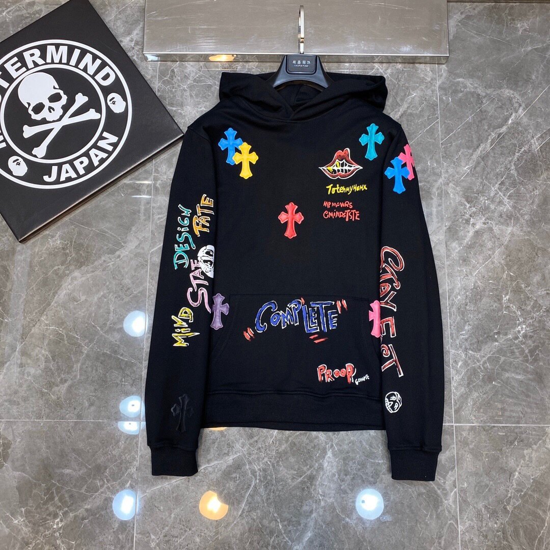 2024 Classic Hearts Chrome Correct Edition Colourful Cross Patchwork Leather Sanskrit Hand Painted Graffiti Sweatshirt