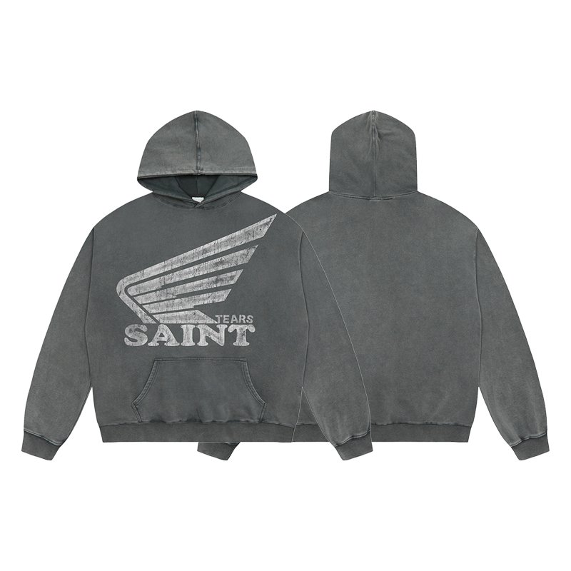 Wholesale High Quality Heavyweight 400G 100% Cotton Oversized Vintage Sand Wash Distress Saint Tears Men's Hoodies&Sweatshirts