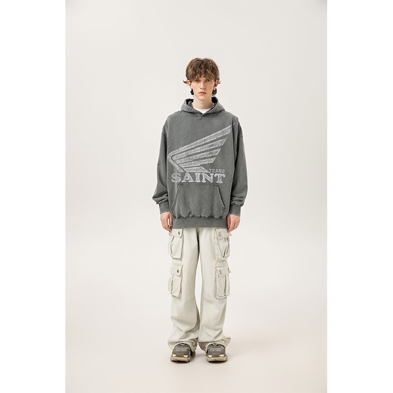 Wholesale High Quality Heavyweight 400G 100% Cotton Oversized Vintage Sand Wash Distress Saint Tears Men's Hoodies&Sweatshirts