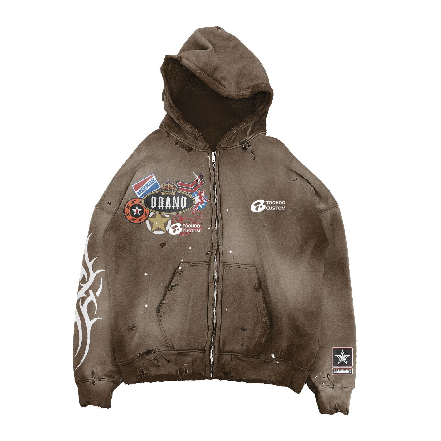2024 Custom zip up 420 gsm boxy fit raw hem hoodie oversize sun faded hoodie distressed embroidery acid wash mens hoodies