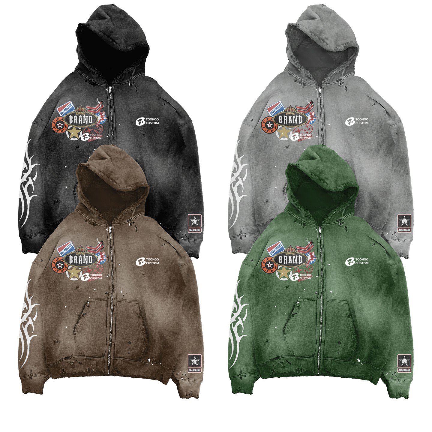 2024 Custom zip up 420 gsm boxy fit raw hem hoodie oversize sun faded hoodie distressed embroidery acid wash mens hoodies