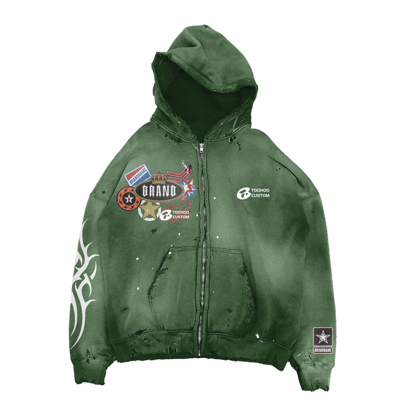2024 Custom zip up 420 gsm boxy fit raw hem hoodie oversize sun faded hoodie distressed embroidery acid wash mens hoodies