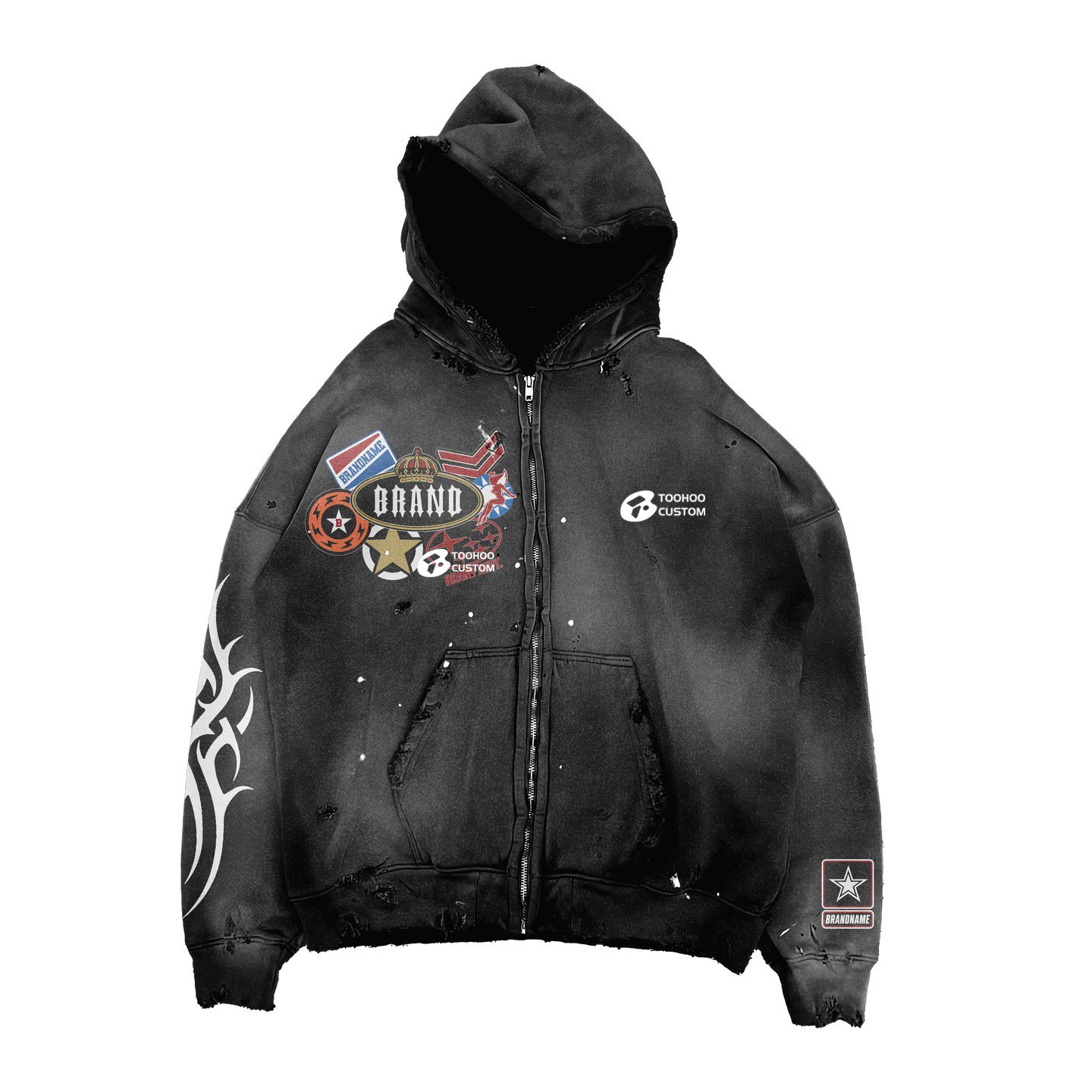 2024 Custom zip up 420 gsm boxy fit raw hem hoodie oversize sun faded hoodie distressed embroidery acid wash mens hoodies