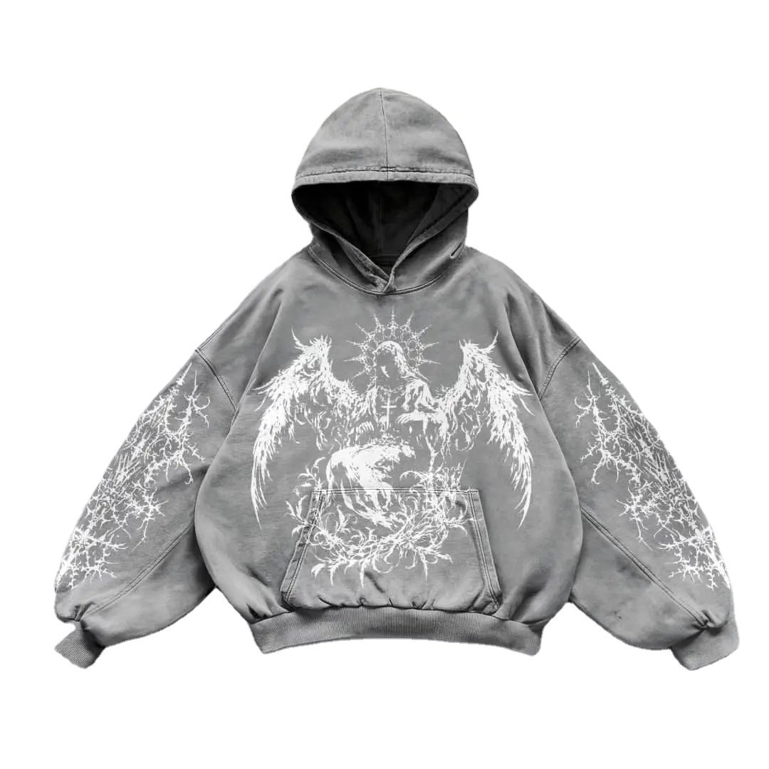 Factory Wholesale Streetwear Premium Quality Custom French Terry Cropped Boxy Fit DTG Printed Men's Hoodie 320Gsm 100% Cotton