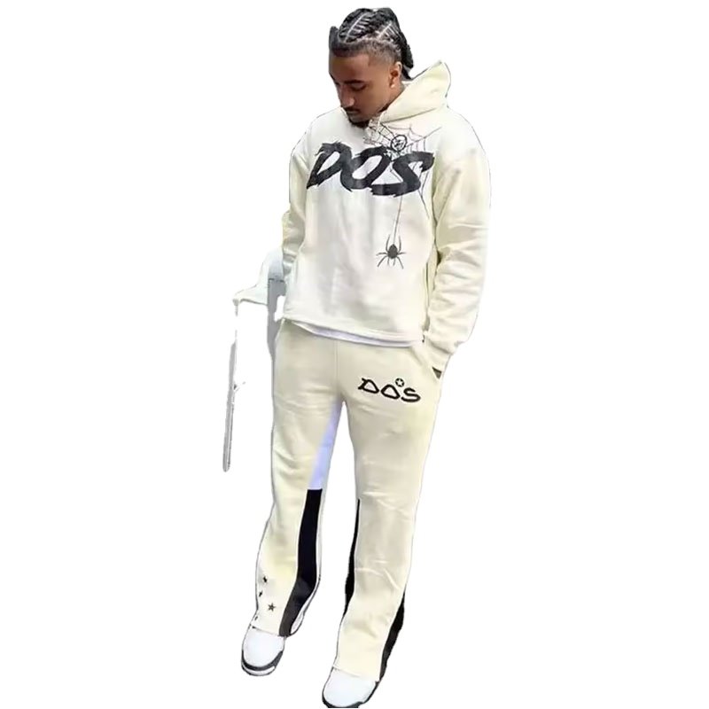 Custom OEM Cotton Print Cut Raw Hem Edge Hoodie tracksuit Pant for Men Tracksuit Stacked Flared Mens Two Pieces Jogger Set 2024