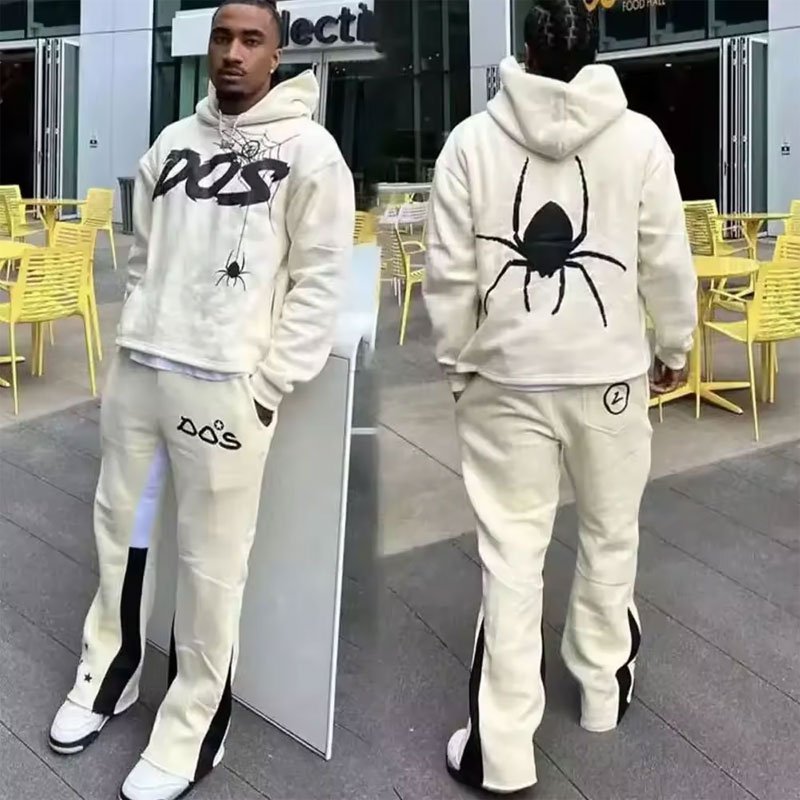 Custom OEM Cotton Print Cut Raw Hem Edge Hoodie tracksuit Pant for Men Tracksuit Stacked Flared Mens Two Pieces Jogger Set 2024