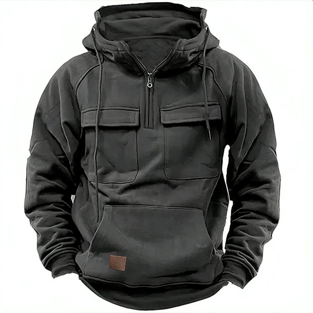 Autumn-Winter Men's Hooded Hoodie 100% Polyester Solid Color Coat European American Youth Sports Multi-Pocket Style