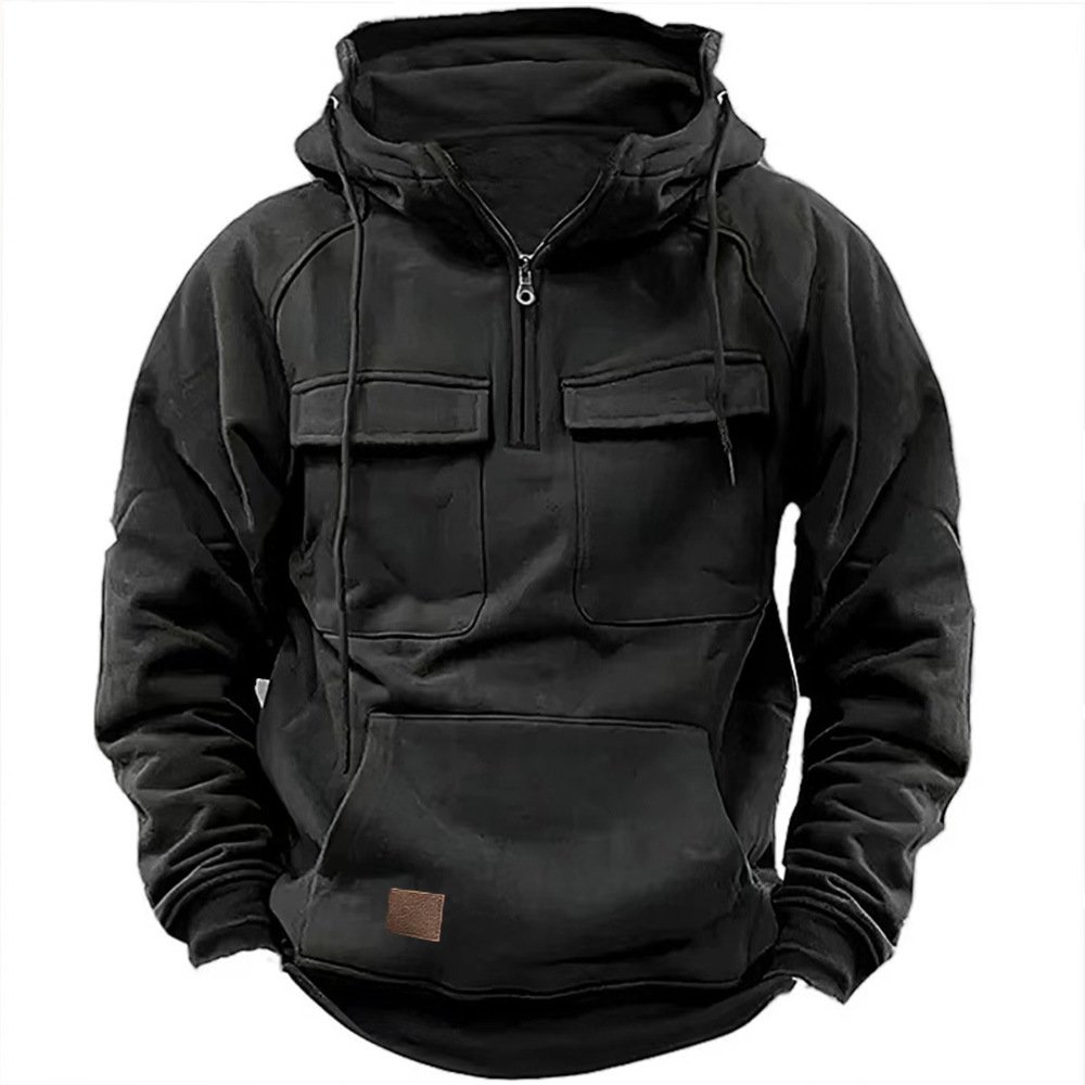 Autumn-Winter Men's Hooded Hoodie 100% Polyester Solid Color Coat European American Youth Sports Multi-Pocket Style