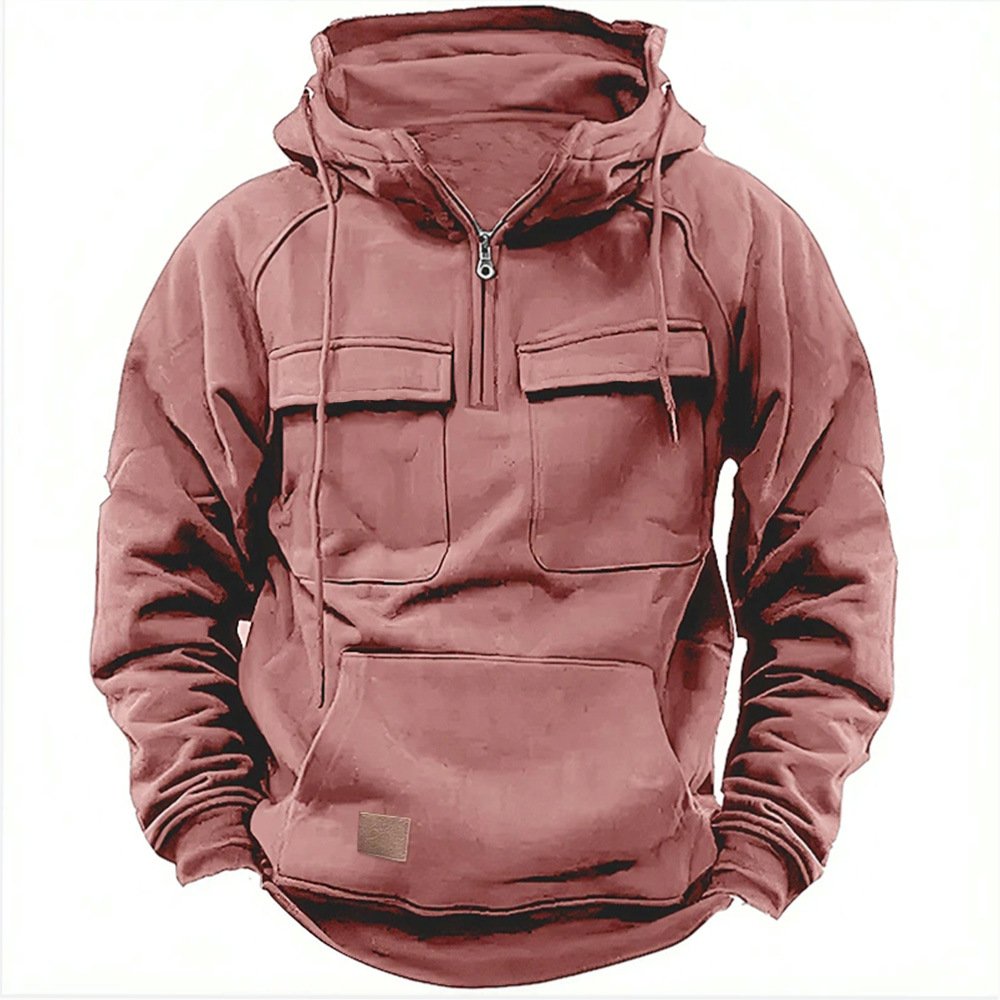 Autumn-Winter Men's Hooded Hoodie 100% Polyester Solid Color Coat European American Youth Sports Multi-Pocket Style