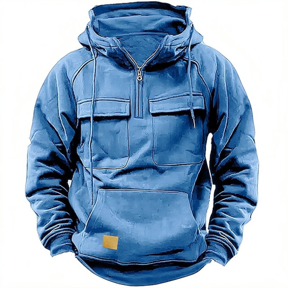 Autumn-Winter Men's Hooded Hoodie 100% Polyester Solid Color Coat European American Youth Sports Multi-Pocket Style