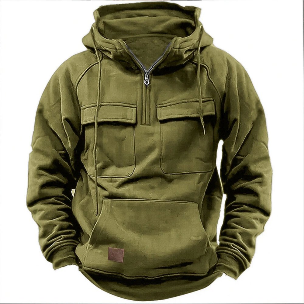Autumn-Winter Men's Hooded Hoodie 100% Polyester Solid Color Coat European American Youth Sports Multi-Pocket Style