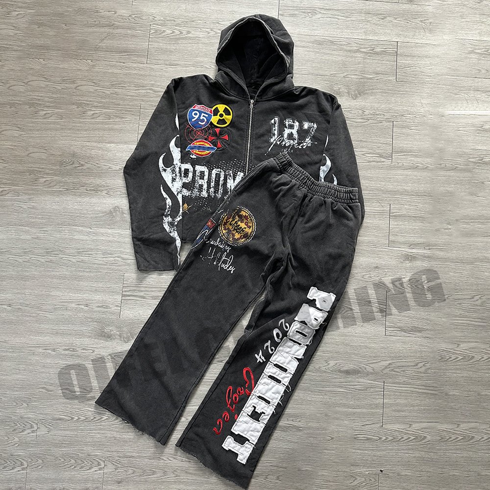 manufacturer tracksuit sweatpants sweatsuit acid washed french terry zip up dtg printing custom vintage wash men's hoodies set