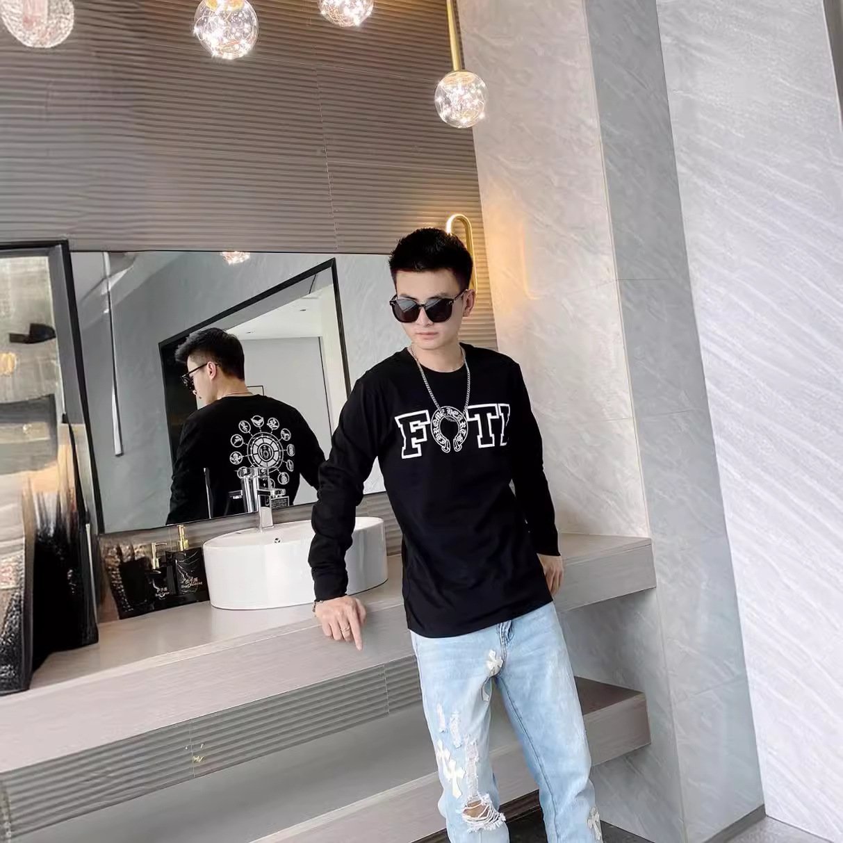 Summer and autumn new 23ssFOTI skull print long sleeve t-shirt men's cotton plus size t-shirt unisex t-shirt