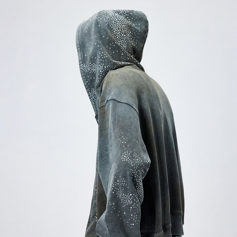 Heavyweight cotton french terry oversized men's baggy streetwear hoodies rhinestone acid wash vintage hoodies for men