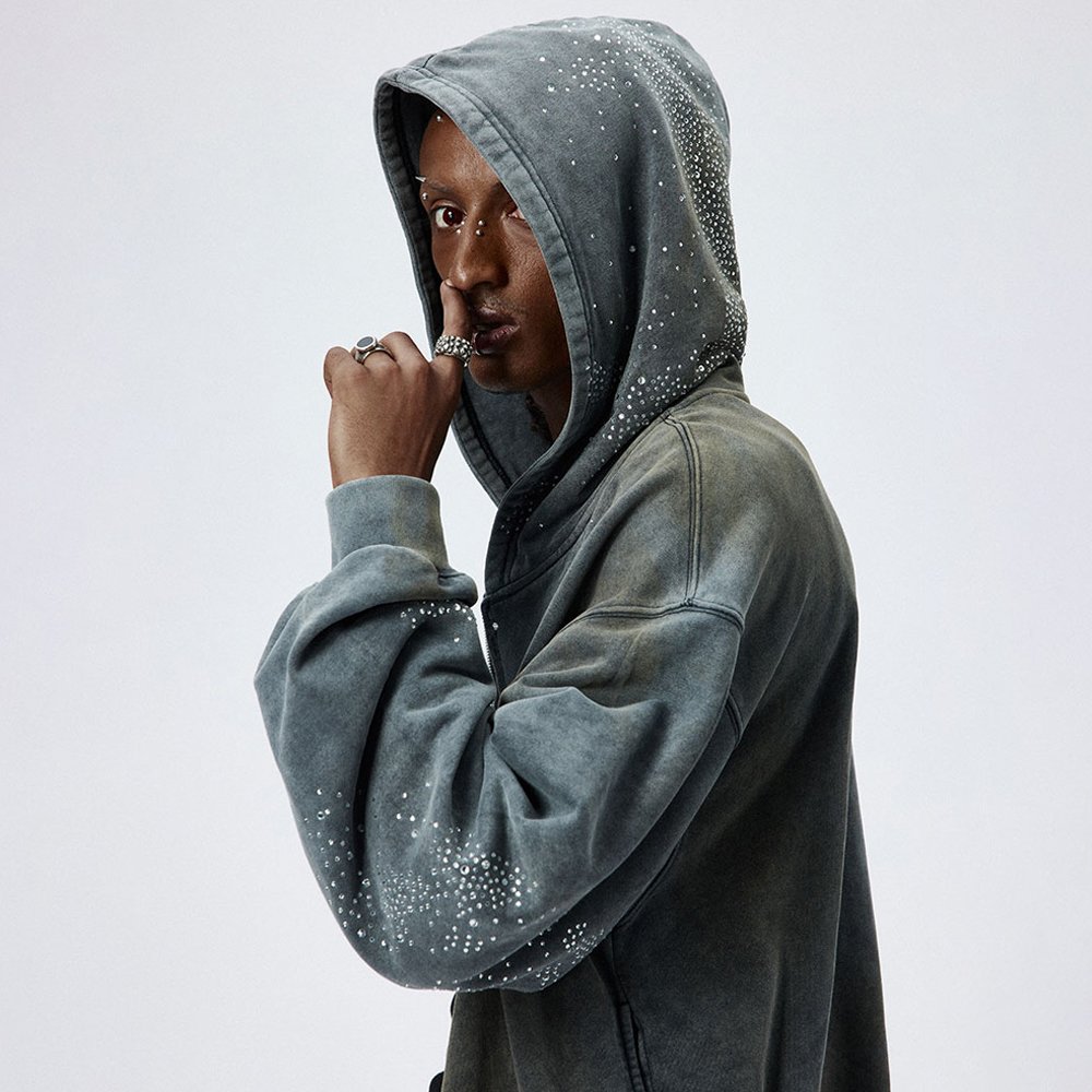 Heavyweight cotton french terry oversized men's baggy streetwear hoodies rhinestone acid wash vintage hoodies for men