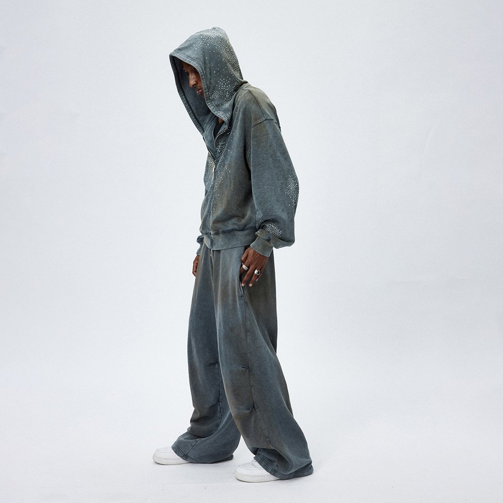 Heavyweight cotton french terry oversized men's baggy streetwear hoodies rhinestone acid wash vintage hoodies for men