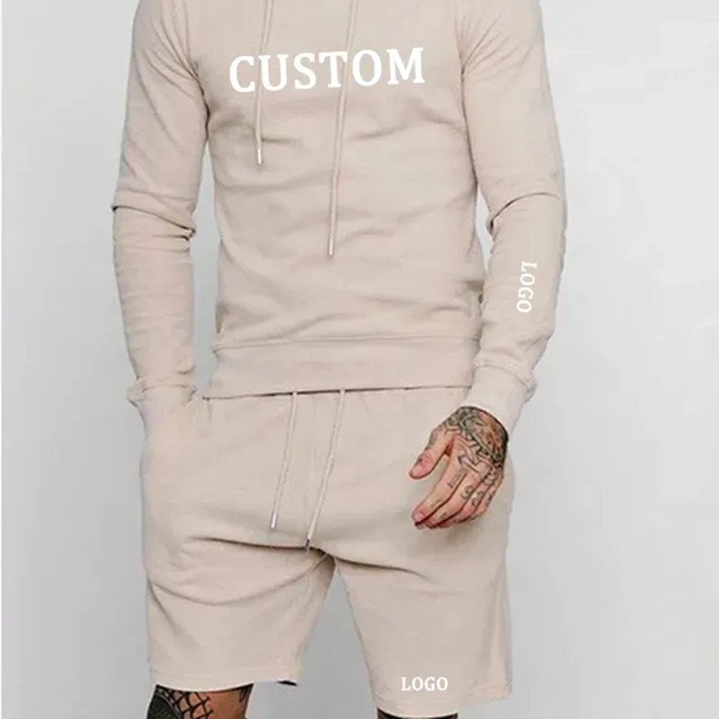 wholesale organic cotton hoodies custom logo two piece set men tracksuit shorts men's hoodies & sweatshirts