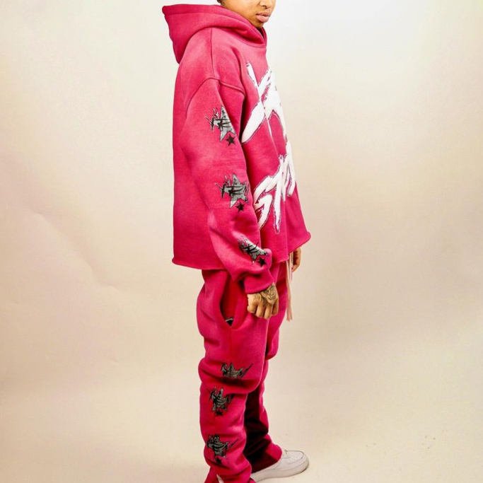 Custom heavyweight cropped puff print tracksuit Rhinestone Hoodie Flared Sweats Sets