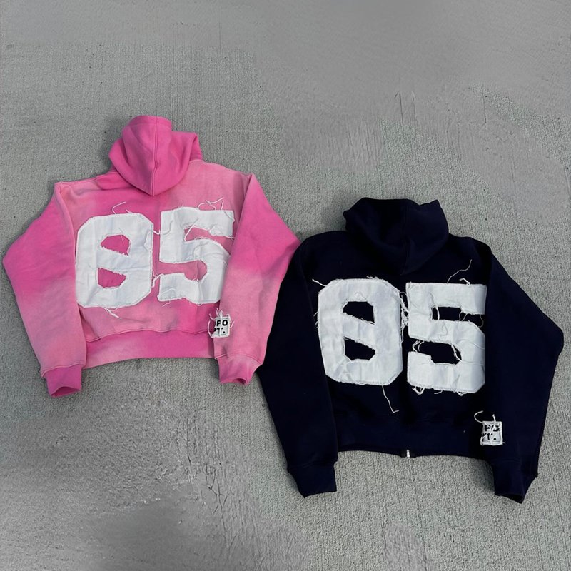 Custom Hoodie Manufacturers Custom Streetwear Cut And Sew Zip Up Applique Hoodie Distressed Embroidery Patch Acid Wash Hoodies