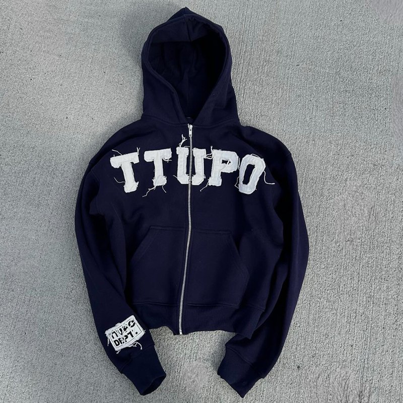 Custom Hoodie Manufacturers Custom Streetwear Cut And Sew Zip Up Applique Hoodie Distressed Embroidery Patch Acid Wash Hoodies