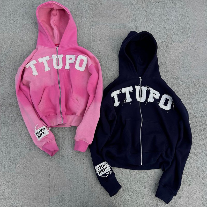 Custom Hoodie Manufacturers Custom Streetwear Cut And Sew Zip Up Applique Hoodie Distressed Embroidery Patch Acid Wash Hoodies