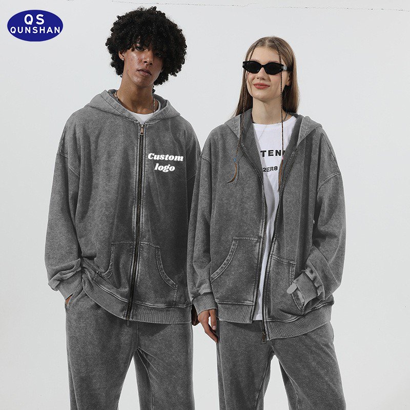 OEM ODM Heavyweight Vintage Zip Up Hoodies Cotton Blend Custom Logo Puff Printing Oversized Acid Washed Hoodie With Zipper