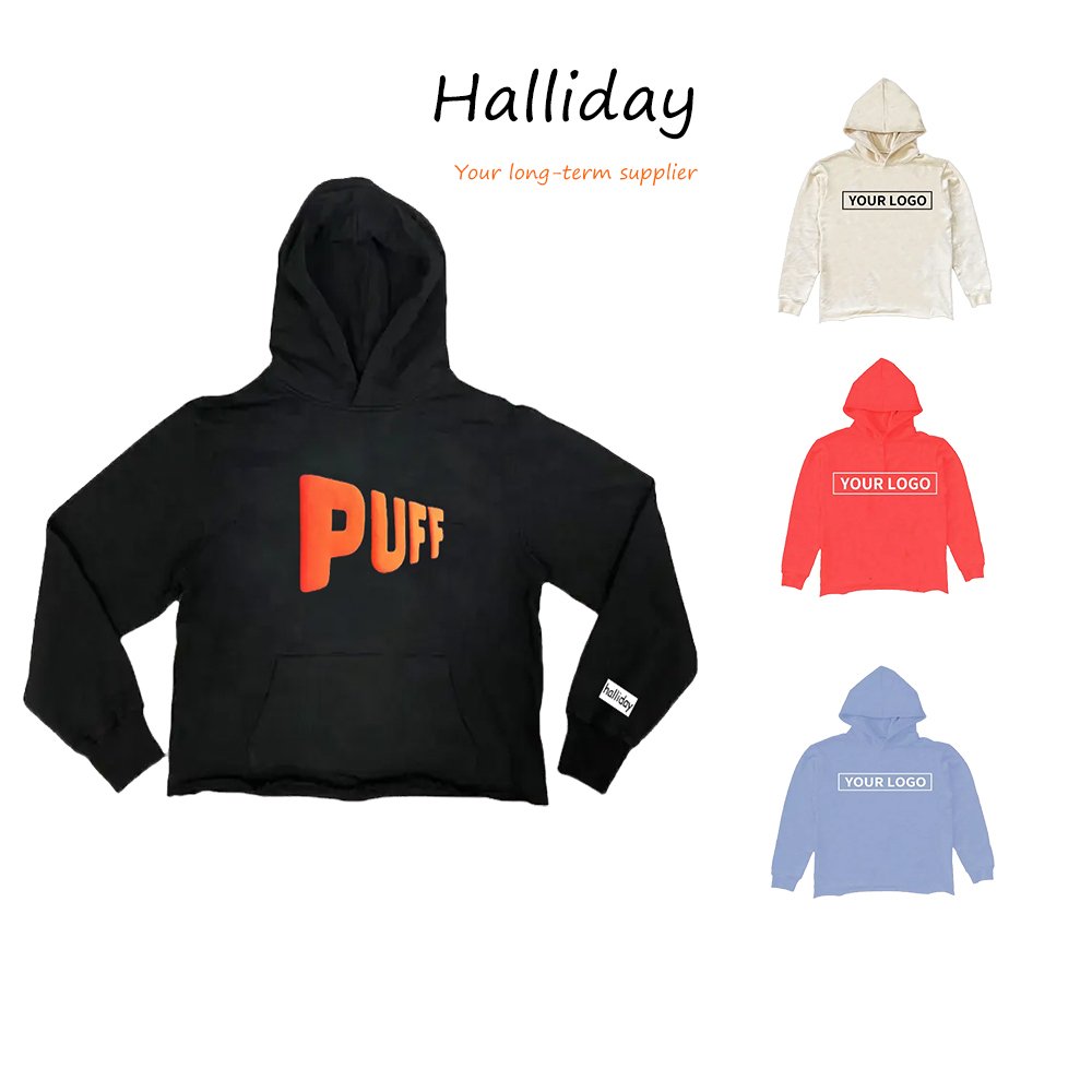 custom french terry cropped puff print hoodie 3d logo puff printing raw hem men's hoodies & sweatshirts