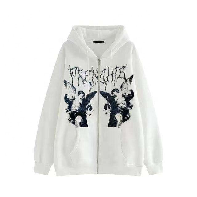 OEVE men Vintage Angel Print Hooded Jacket Men's Zip Up Long Sleeve Pocket Winter Street wear Coat Aesthetic Loose Hoodie