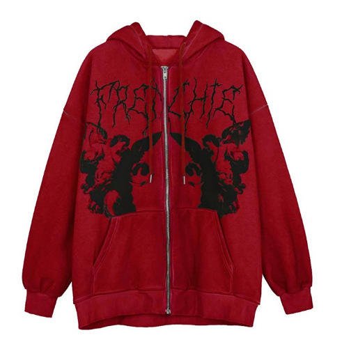 OEVE men Vintage Angel Print Hooded Jacket Men's Zip Up Long Sleeve Pocket Winter Street wear Coat Aesthetic Loose Hoodie