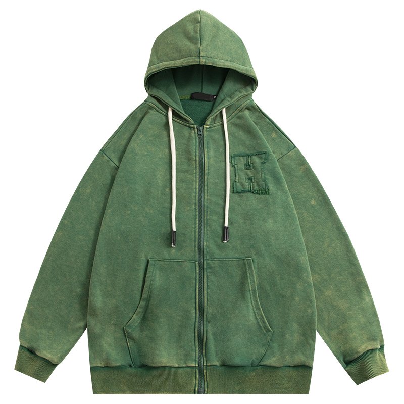 Custom patch logo zipper up oversized distressed wahs hoodie for man