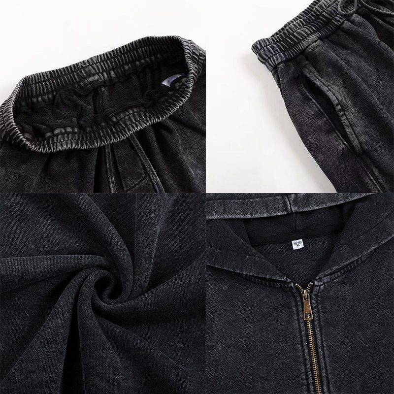 Hot sale Custom Streetwear Hoodie with Pants mens set Boxy Zip Up set Vintage Double Layer Acid Wash Faded Distressed Hoodies