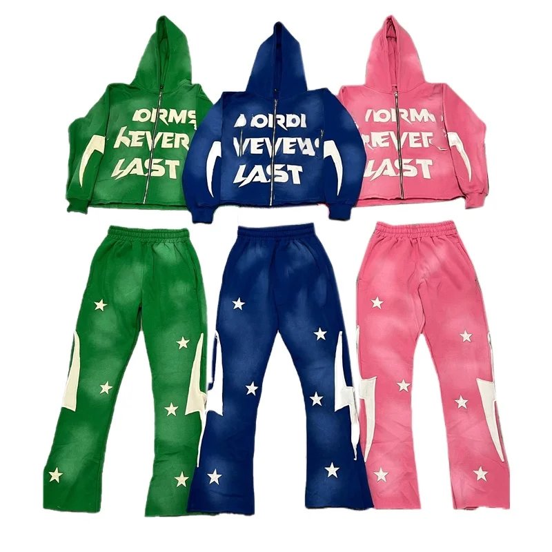 High Quality Custom Embroidery Logo Jogging Blank Vintage Flared Sweatsuit Sweatpants And Hoodie Set Tracksuit