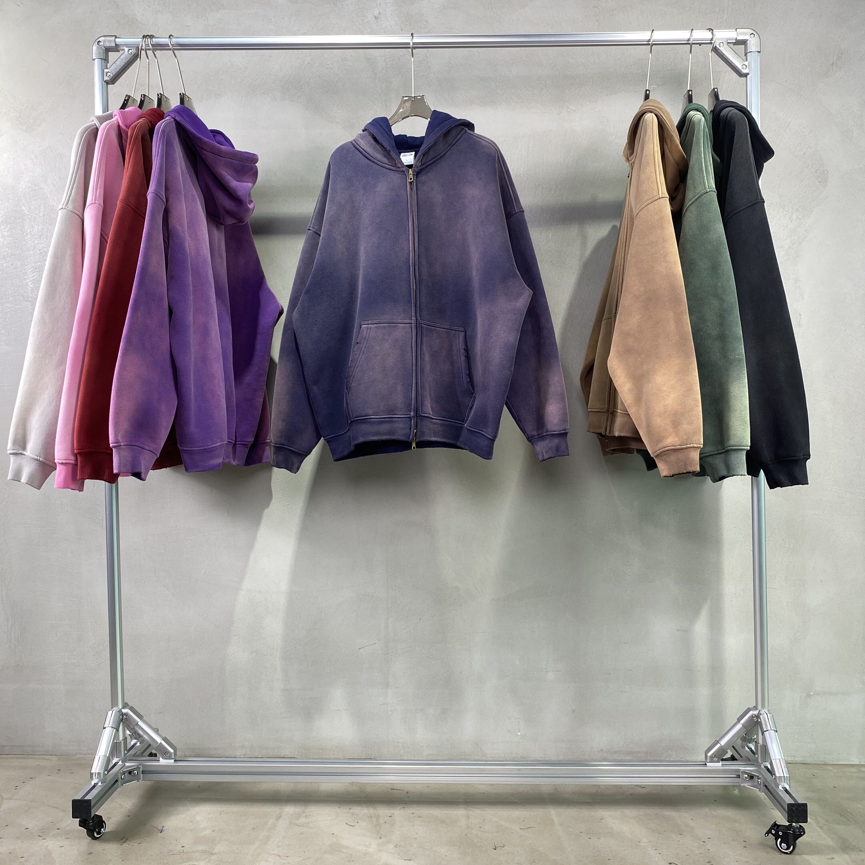 Men's double zipper hoodie hooded sweatshirt long pants spray dyed and washed to make old men's suit