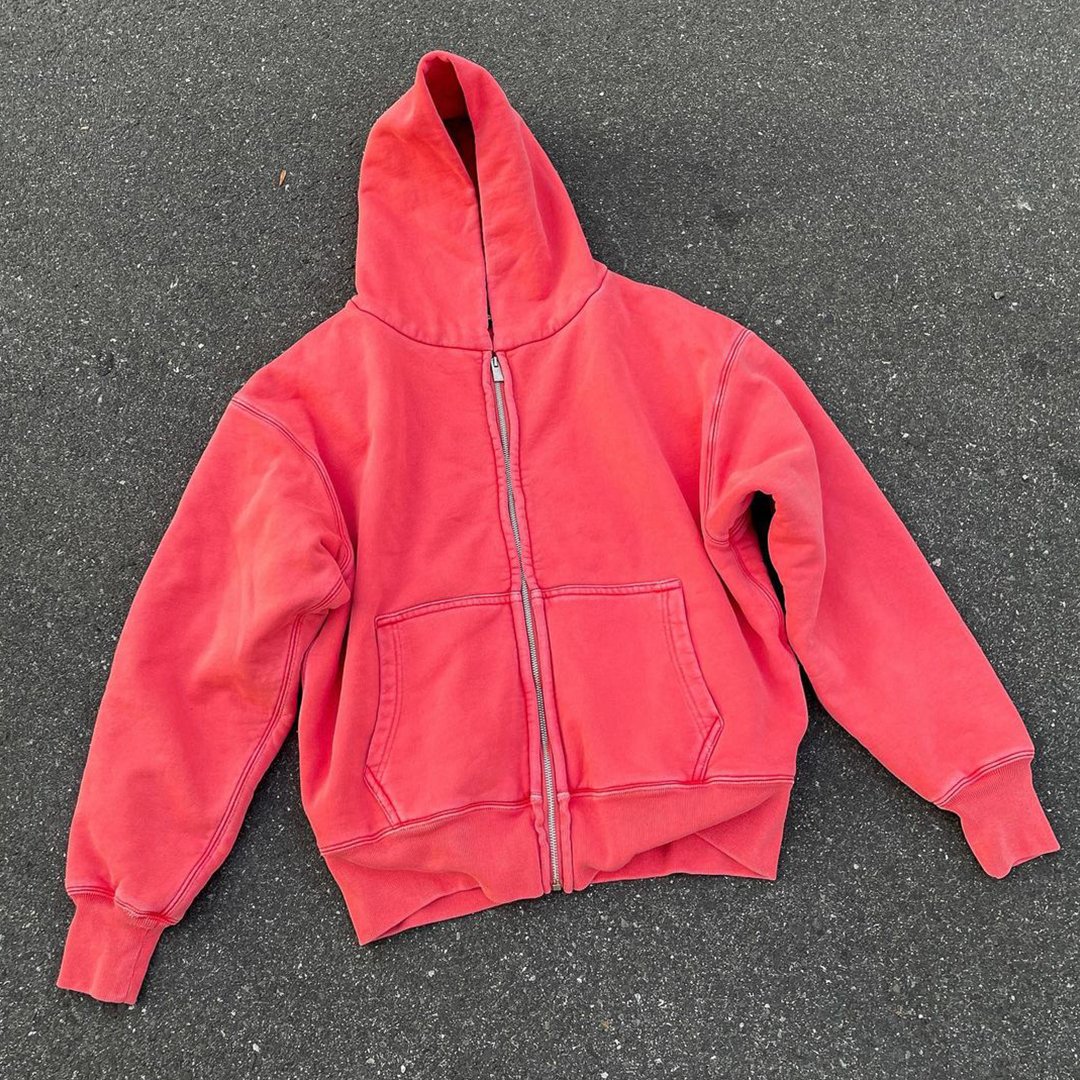 Custom Vintage Acid Wash Sweatshirts Full Zip Up Distressed Stone Washing Oversized Men's Hoodies