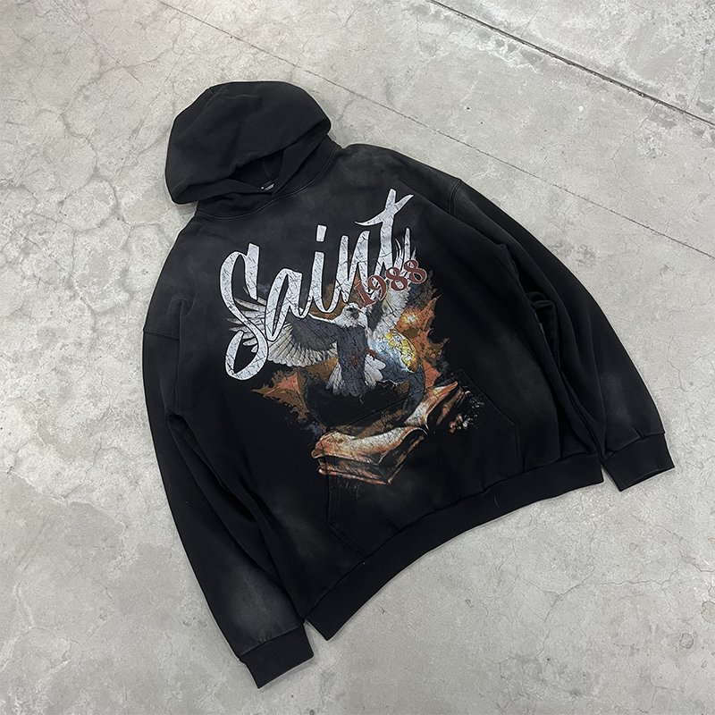 Wholesale High Quality Heavyweight 400G 100% Cotton Oversized Vintage Sand Wash Distress Saint Tears Men's Hoodies&Sweatshirts