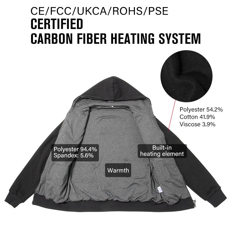 Unisex Full Zip Up Black Hoodies Sweatshirts No Custom Logo Heated Hooded Jacket for Mens and Women